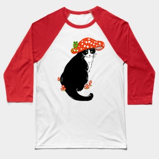 Whimsical Tuxedo Cat Wearing a Mushroom Hat Baseball T-Shirt